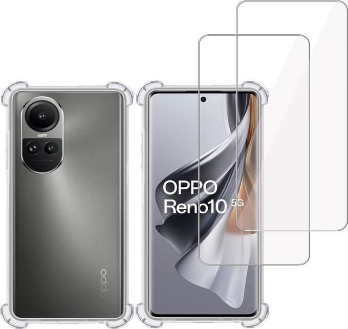 Hoesje + 2x Screenprotector geschikt voor OPPO Reno 10 / 10 Pro – Tempered Glass - Extreme Shock Case Transparant