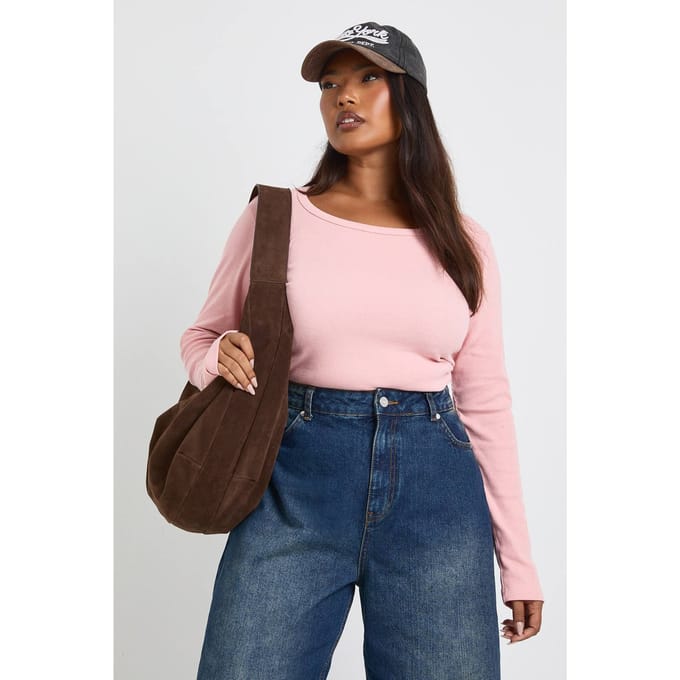 boohoo Dames Plus Basic geribbde scoop-hals lang gesneden lange mouwen getailleerde top | Roze | Maat: 44
