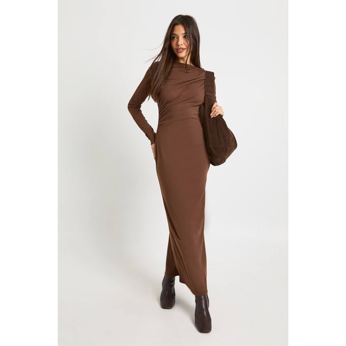 boohoo Dames Geruched lange mouwen midaxi jurk | Chocolate | Maat: 14