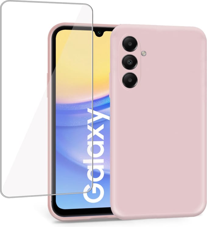Geschikt voor Samsung Galaxy A05s - Hoesje + Screenprotector – Gehard Glas Cover - Suède Case Rose