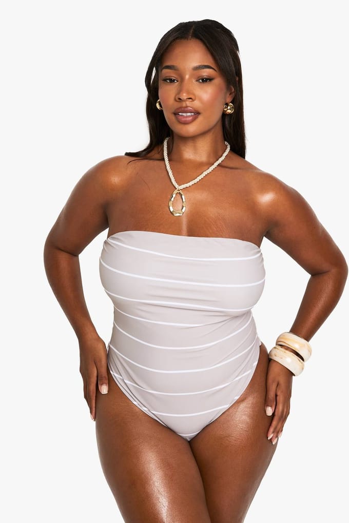 boohoo Dames Plus Swimwear Essentials Stripe Bandeau Zwempak | Steen | Maat: 54