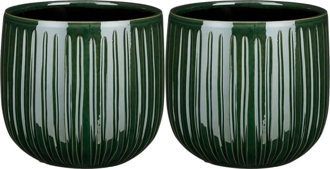 Mica Decorations - plantenpot/bloempot - 2x - donkergroen ribbels - D25/H20 cm