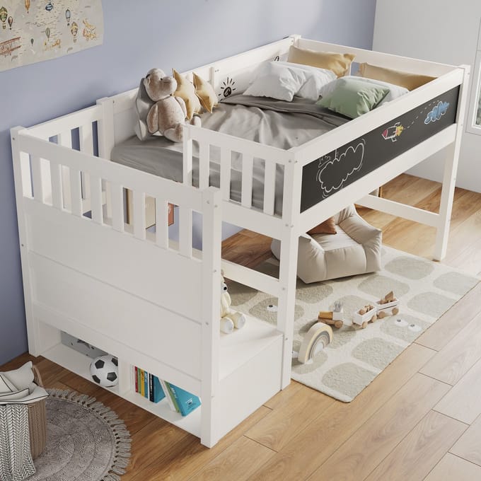 Stapelbed Met Bureau - Kinderbed 90x200 - Wit - Met Opbergladder