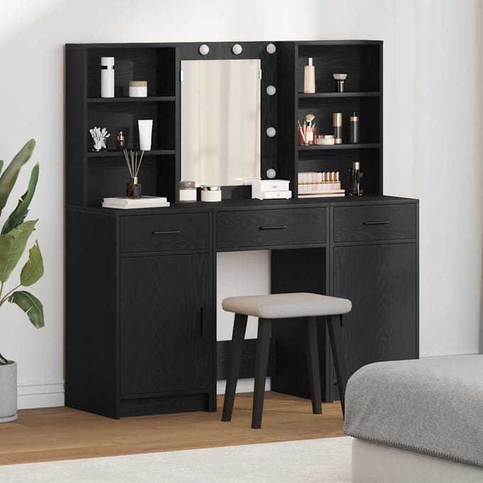 vidaXL - Dressing - tafel - set - met - LED - 3 - st - Zwart - Eiken - 50 - x - 41 - x - 135 - cm