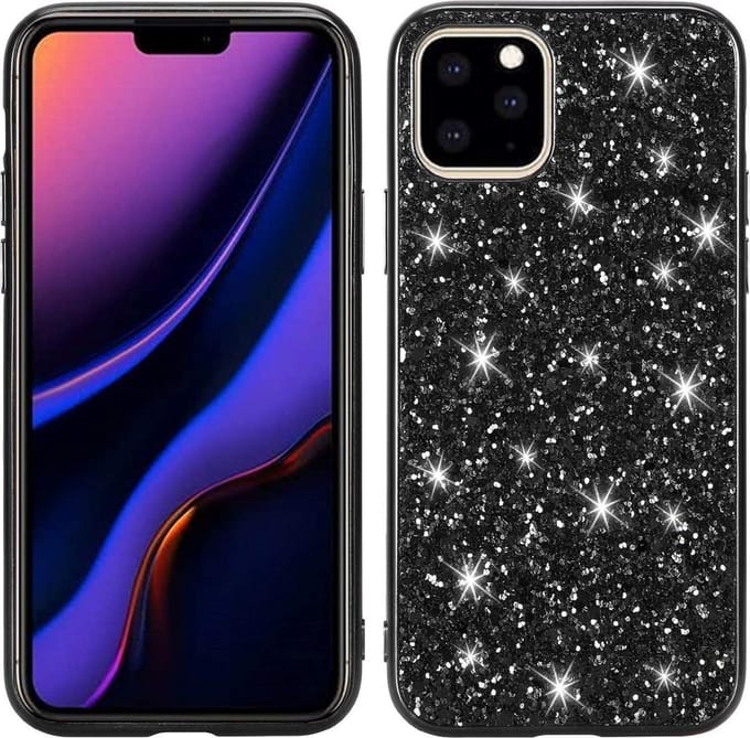 Geschikt voor Apple iPhone 12 Pro Backcover - Zwart - Glitters - Hard PC Hoesje