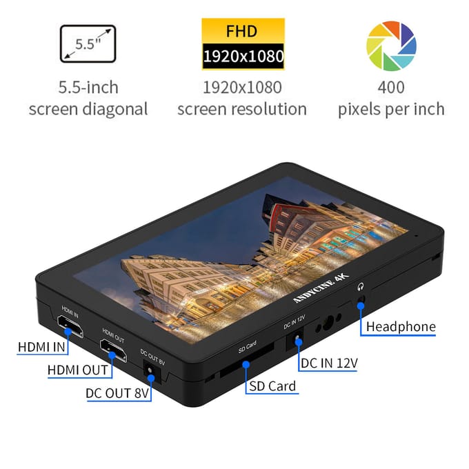 ANDYCINE A6 Plus 5.5 Inch DSLR Camera Veldmonitor Touchbediening Regisseur Videomonitor 3D Lut zwart