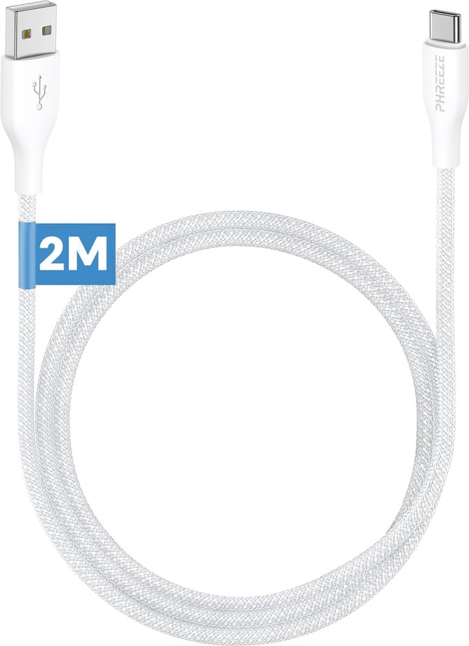 Stevige usb C oplaadsnoer - Usb A naar Usb C - Nylon gevlochten - Wit - 2 meter lang