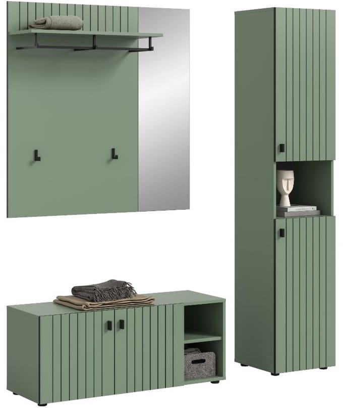 Station garderobe opstelling stoffig groen.