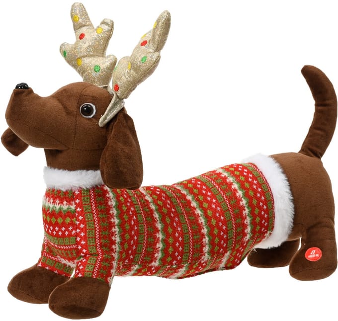Decoris - Kerstdecoratie - Hond - Teckel met jasje - Bruin - Polyester - L45 B12 H32
