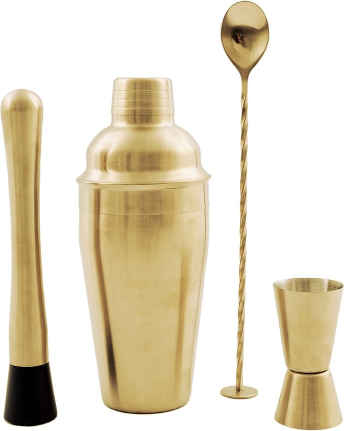 Point-Virgule - Cocktailset - 4-delig: barlepel - jigger - stamper - cocktailshaker - RVS - Goud