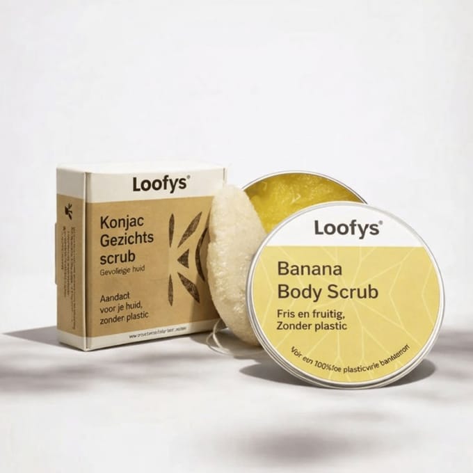 Loofys Verwenpakket Vrouw Banana – Cadeauset met Body Scrub 150ml & Konjac Spons – Kerstpakket Dames – Vegan & Plasticvrij