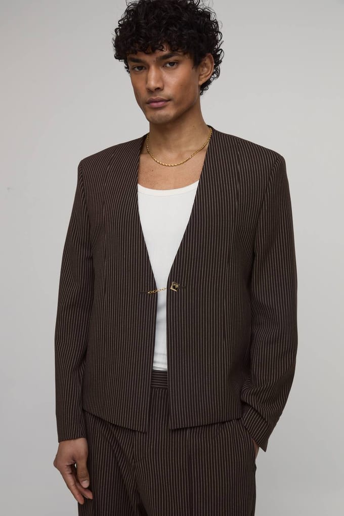 Krijtstreep Oversized Boxy Kraagloze Blazer | Chocolate | Size 40