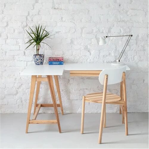 Hoekbureau met lade 115x85cm Luka Wit   Essenhouten poten   Linkerkant