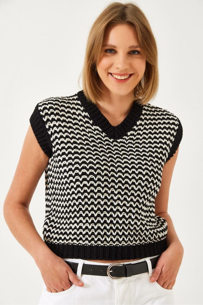 Zebra Patroon V-Hals Mouwloos Crop Sweater Vest