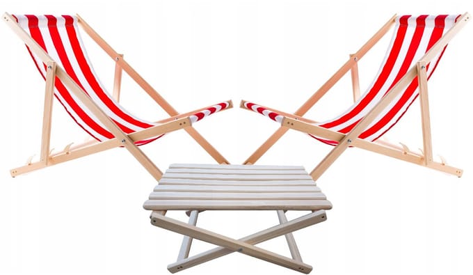 Set van 2 strandstoelen met houten tafel - rode en wit strepen
