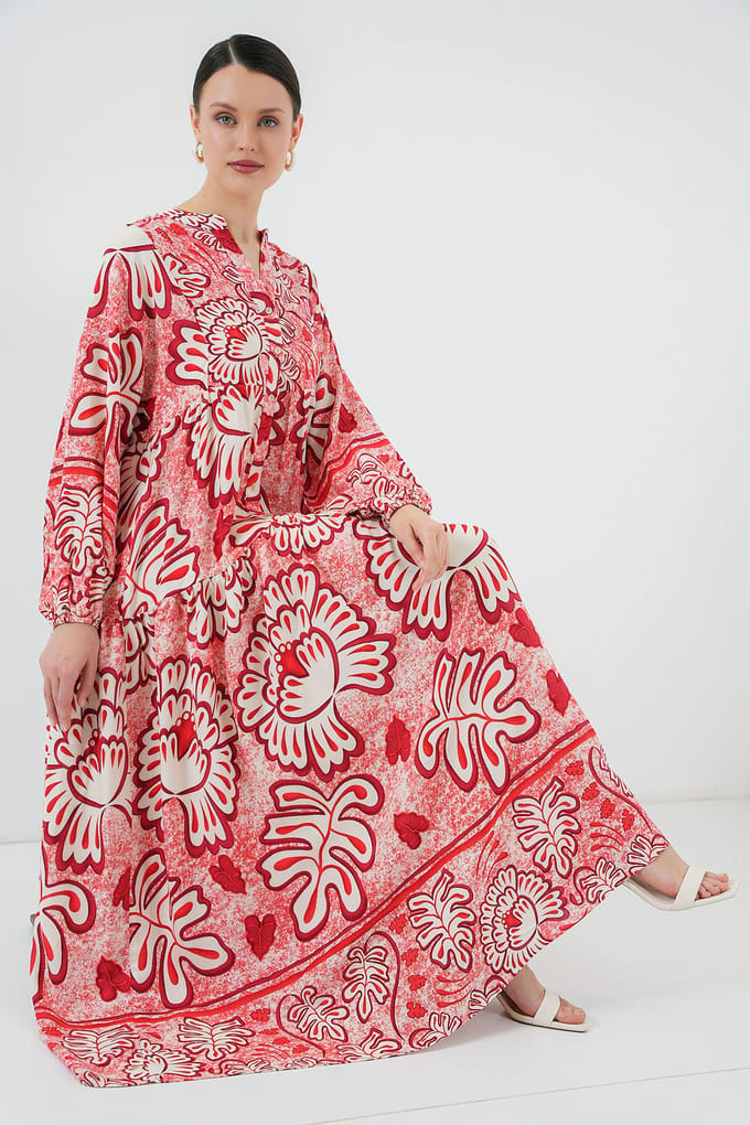 Geprinte V-hals Maxi-jurk met Knoopsluiting