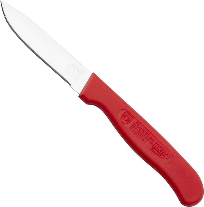 RÖR Solingen Keukenmes met Fijne Kartel – RVS – Lemmet 7 cm – Heft Rood