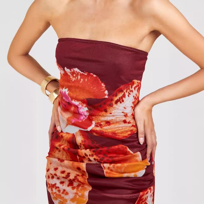Dames Strak Strapless Sexy Mouwloos Jurk Mesh Geplooid Print L brown
