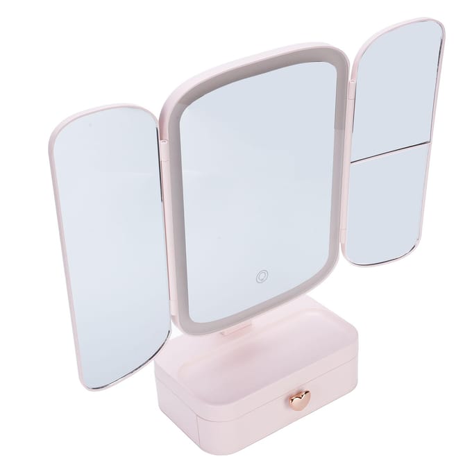 Verlichte Make-up Spiegel voor op het Bureau met Organizer 3 Kleurtemperaturen Dimbaar USB Oplaadbaar LED Licht gray