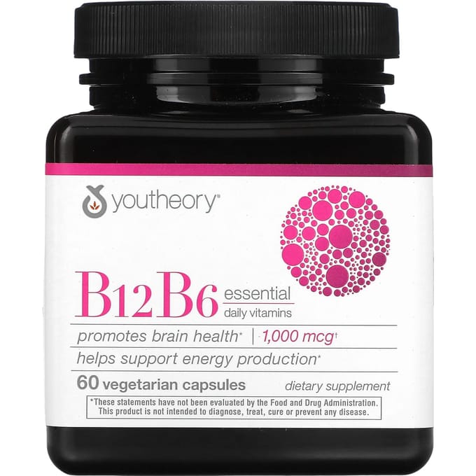 Youtheory, B12 B6, vitamines essentielles quotidiennes, 1 000 mcg, 60 gélules végétales