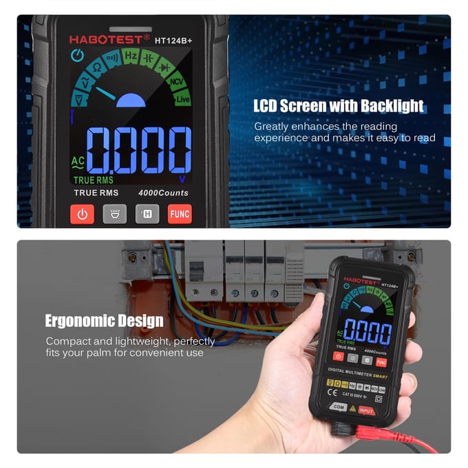 HABOTEST HT124B+ multimeter 4000 tellingen True RMS slimme digitale multimeter 600V AC/DC-spanning Type 2 zwart