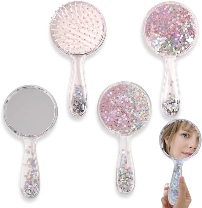 Professionele Handspiegel en Kussen Kam Set voor Haarstyling, Make-up en Reizen - Roze, Compact en Handzaam