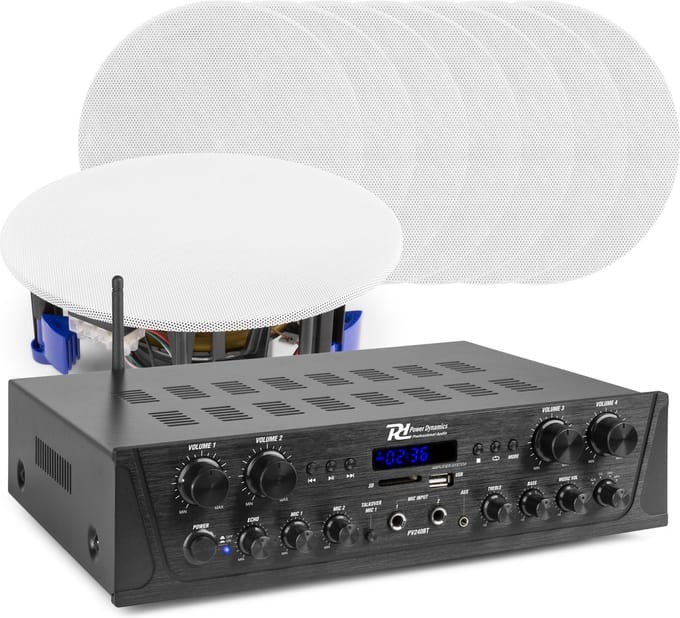 Geluidsinstallatie met Bluetooth - Power Dynamics - PV240BT versterker met 8x NCSP5 plafond speaker