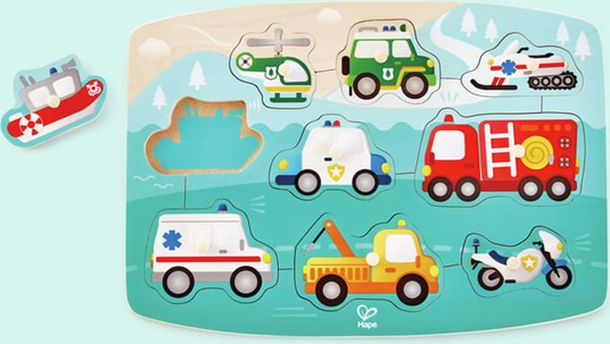 Hape knoppuzzel voertuigen hulpdiensten 2 jr+