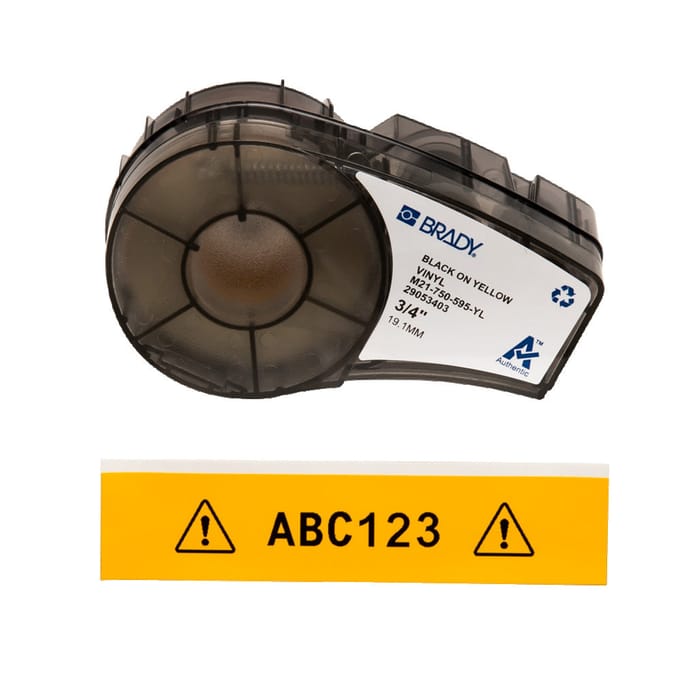 Brady 142811, Zwart, Geel, Zelfklevend printerlabel, Acryl, Vinyl, Thermo transfer, Permanent, Mat