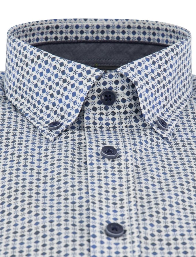 CASA MODA Sport casual fit overhemd - popeline - wit - blauw - donkerblauw dessin