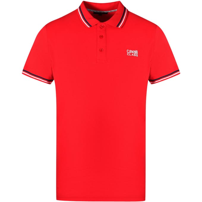 Cavalli Class Dubbel Gestreepte Kraag Witte Logo Rode Poloshirt