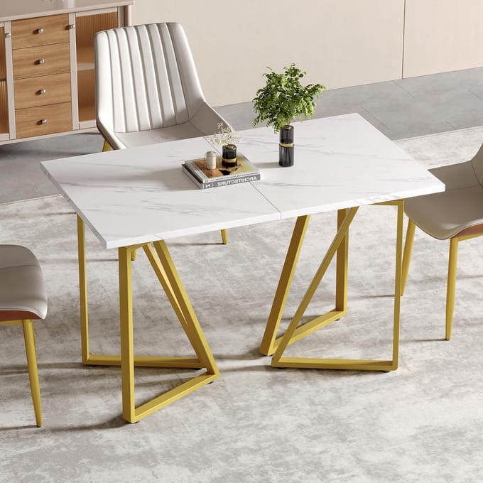 Marmeren Eettafel - Moderne Tafel - Gezellig Tafelen - Uitschuifbaar Ontwerp - 160 cm Lang - Wit Goud