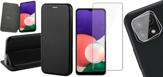 Hoesje geschikt voor Samsung Galaxy A22 5G - Bookcase Zwart - Screenprotector - Camera Screen Protector - Wallet Hoesje