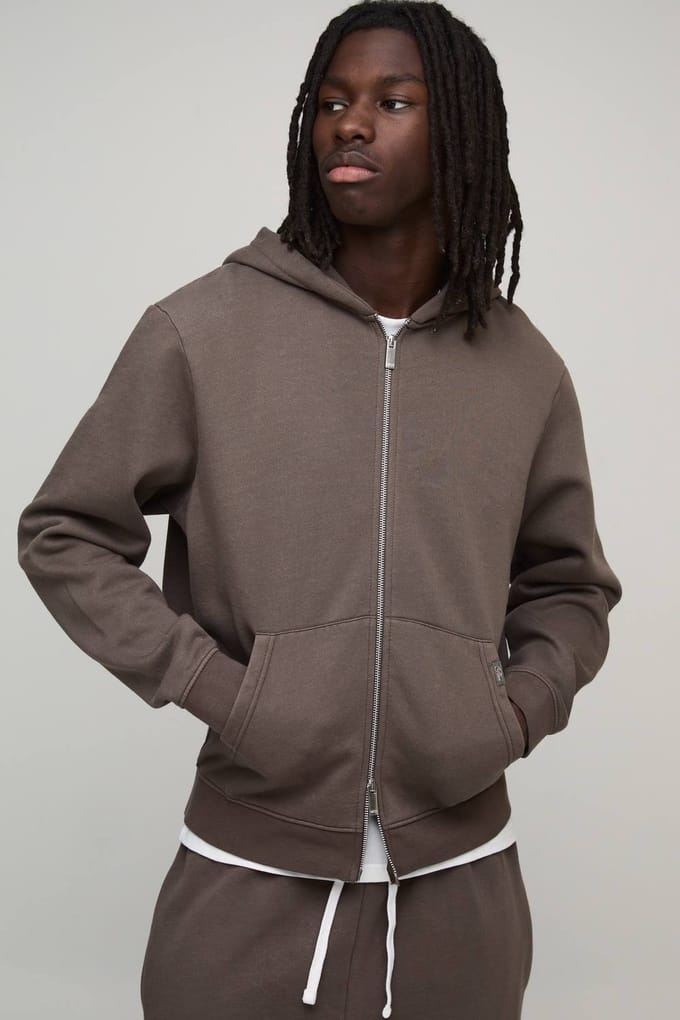 Essential Washed Boxy Zip Through Hoodie | Chocolate | Size Medium