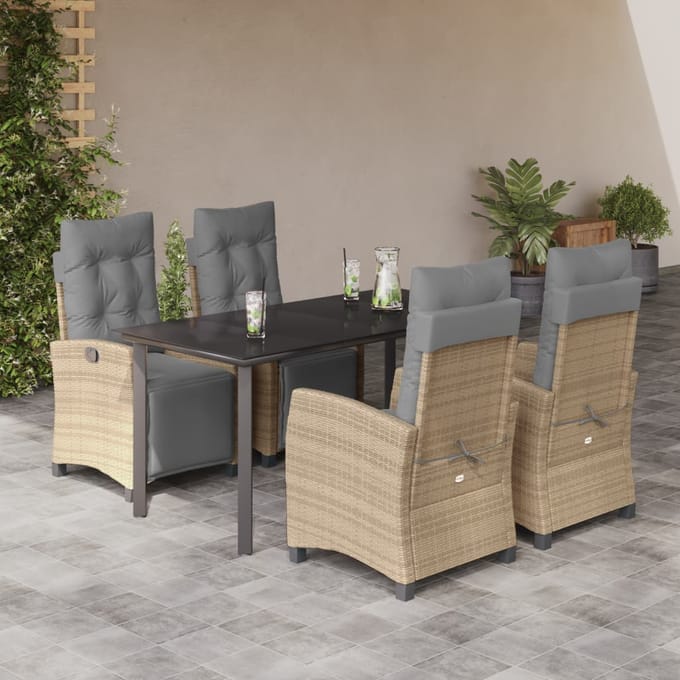 vidaXL - 5-delige - Tuinset - met - kussens - poly - rattan - gemengd - beige