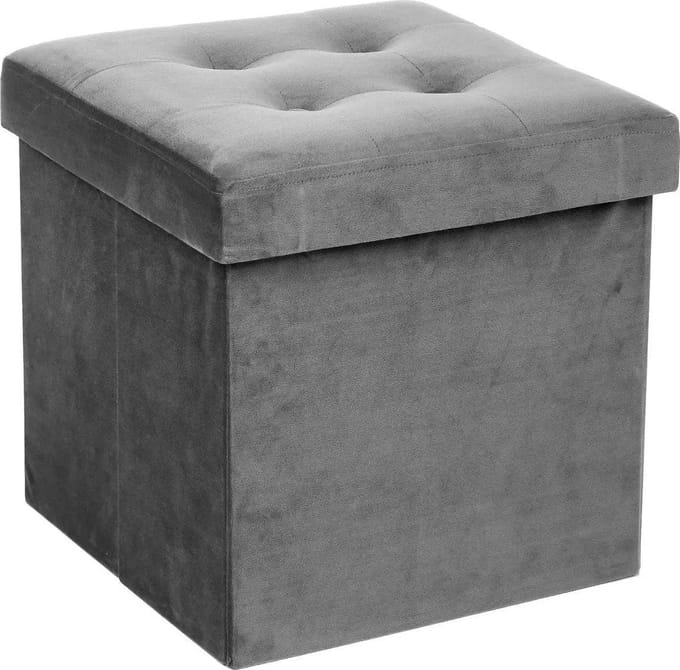 Atmosphera Poef - grijs - 38 x 38 cm - mdf/fluweel - hocker - opbergbox - opvouwbaar