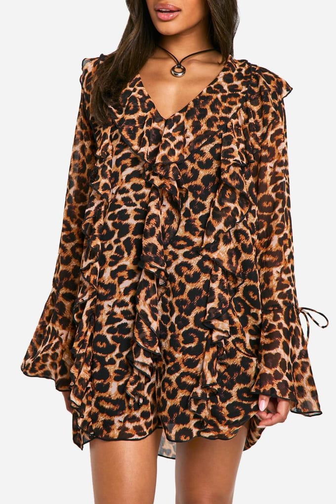 boohoo Dames Leopard Ruffle Shift Jurk | Brown | Maat: 8