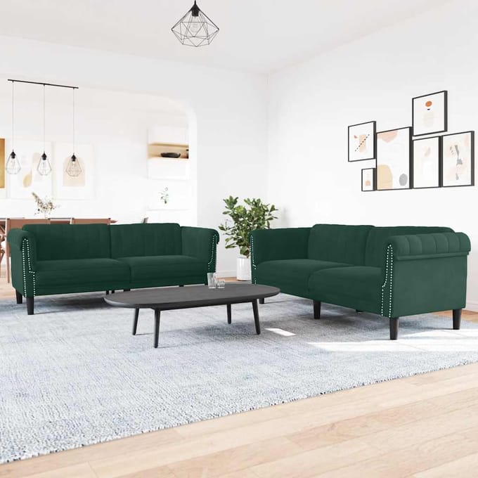 vidaXL - 3-delige - Loungeset - fluweel - donkergroen