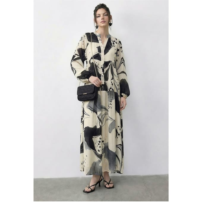Abstract V-hals Midi Jurk met Lange Mouwen