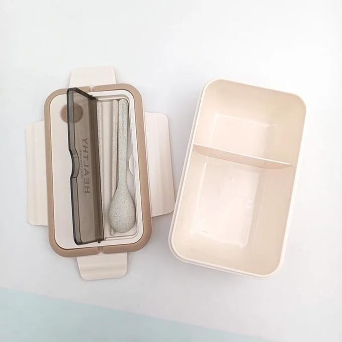 Compartiment Lunchbox Plastic Draagbare Lunchbox Studenten Kantoor Bento Box Magnetron Voedselcontainers met Stokjes en Lepel beige