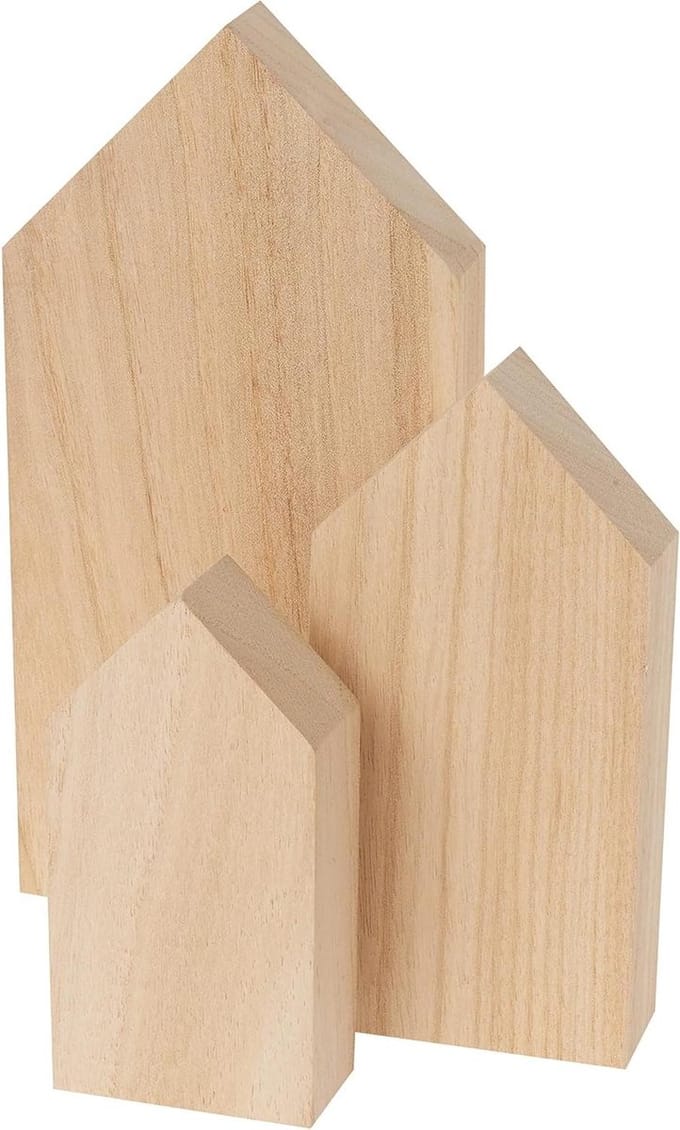 Houten Huizen - Knutselvormen Set - Creatief Knutselen - Set van 3 - Tot 20cm Hoog - Naturel