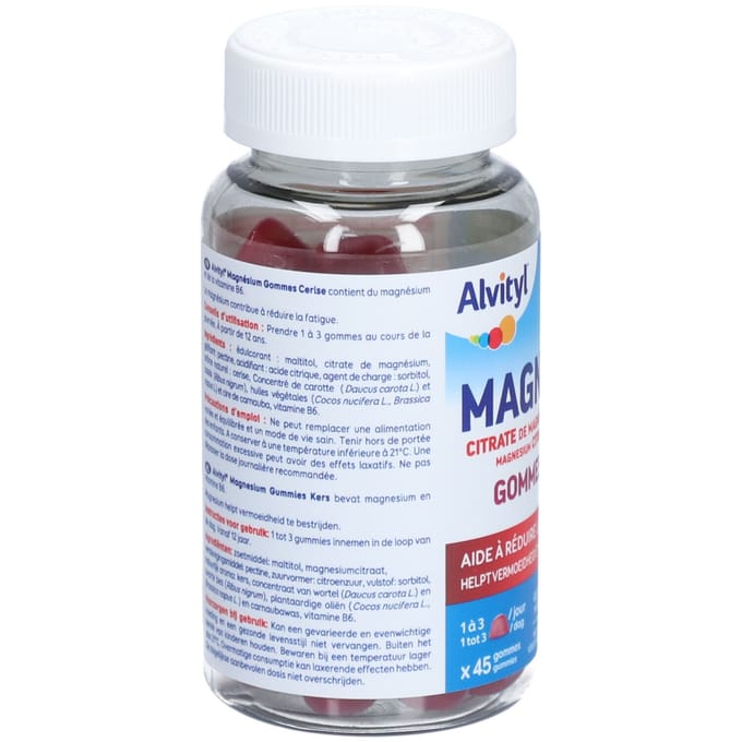 Alvityl Magnesium Gummies met Vitamine B6 - Extra energie - Bij vermoeidheid en stress - Suikervrij - Vanaf 12 jaar - Kersensmaak - 45 gummies