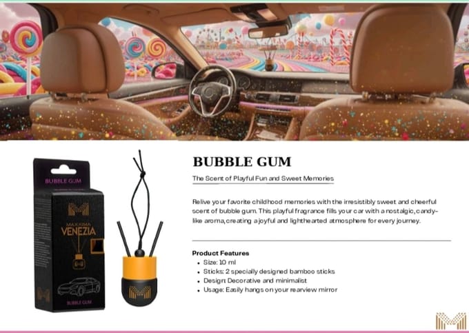 Maxxima Venezia Autoparfum - Bubble Gum - Luxe Geurhanger met Bamboe Sticks - Zoet & Nostalgisch - 10 ml