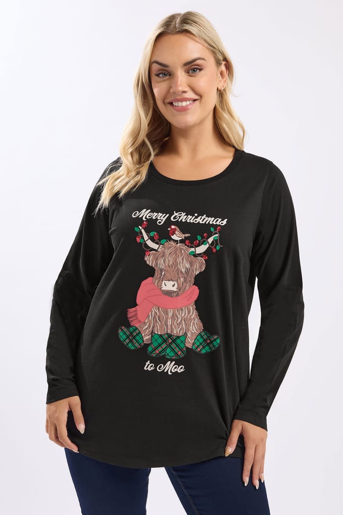 Yours Zwart 'Merry Christmas To Moo' Versierd Tshirt Size 44