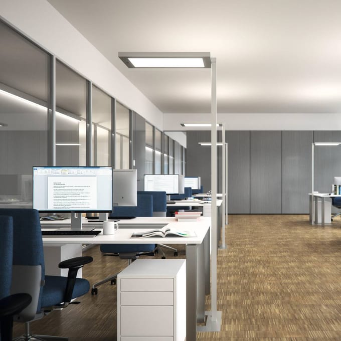 LED-vloerlamp Waldmann LAVIGO.core, 85 W, 12500 lm, 4000 K, dimbaar, daglicht-/bewegingssensor, wit