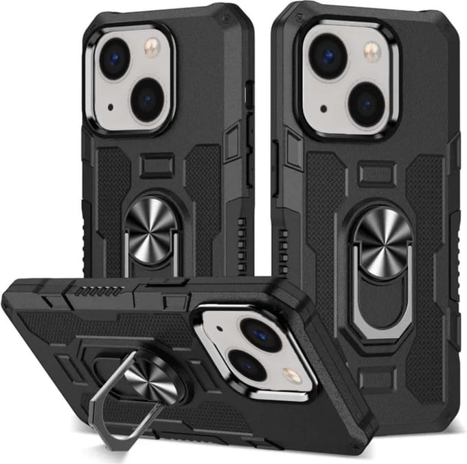 Smartphonica Rugged armour case hoesje voor iPhone 14 Plus met ring autohouder - Zwart geschikt voor iPhone 14 Plus