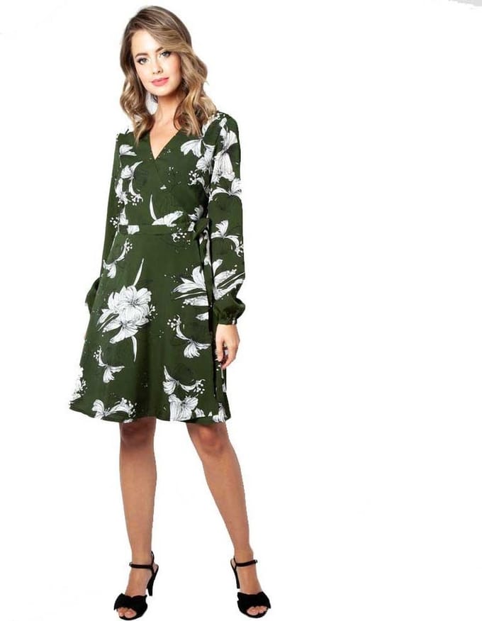 Voodoo Vixen - Molly Korte jurk - bloemen wikkel - S - Groen/Wit