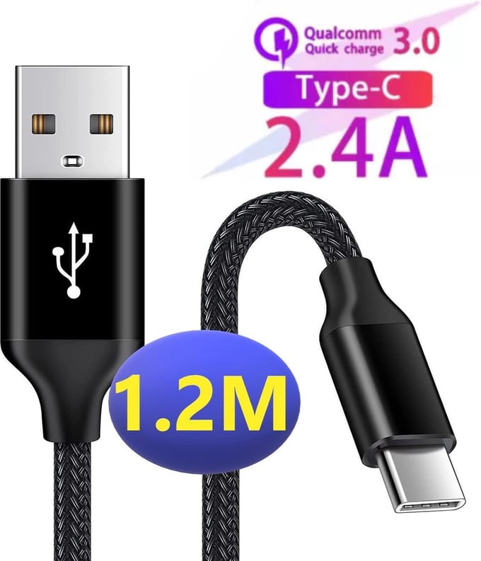 Gevlochten Nylon USB-C naar USB-A Kabels - 1 Meter - 2.4A Snelladen - Zwart
