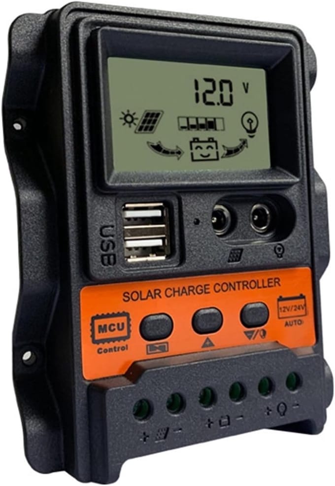 Zonne Laadregelaar - Solar Controller - Accu Bescherming - Dubbele USB Output - 125x112x34mm - Zwart