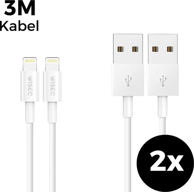 2 x USB naar Lightning oplaadkabels 3 meter - Set van 2 - snellaadkabel USB A naar Lightning - geschikt voor Apple iPhone 14 / 13 / 12 / 11 / X - wit - WiseQ